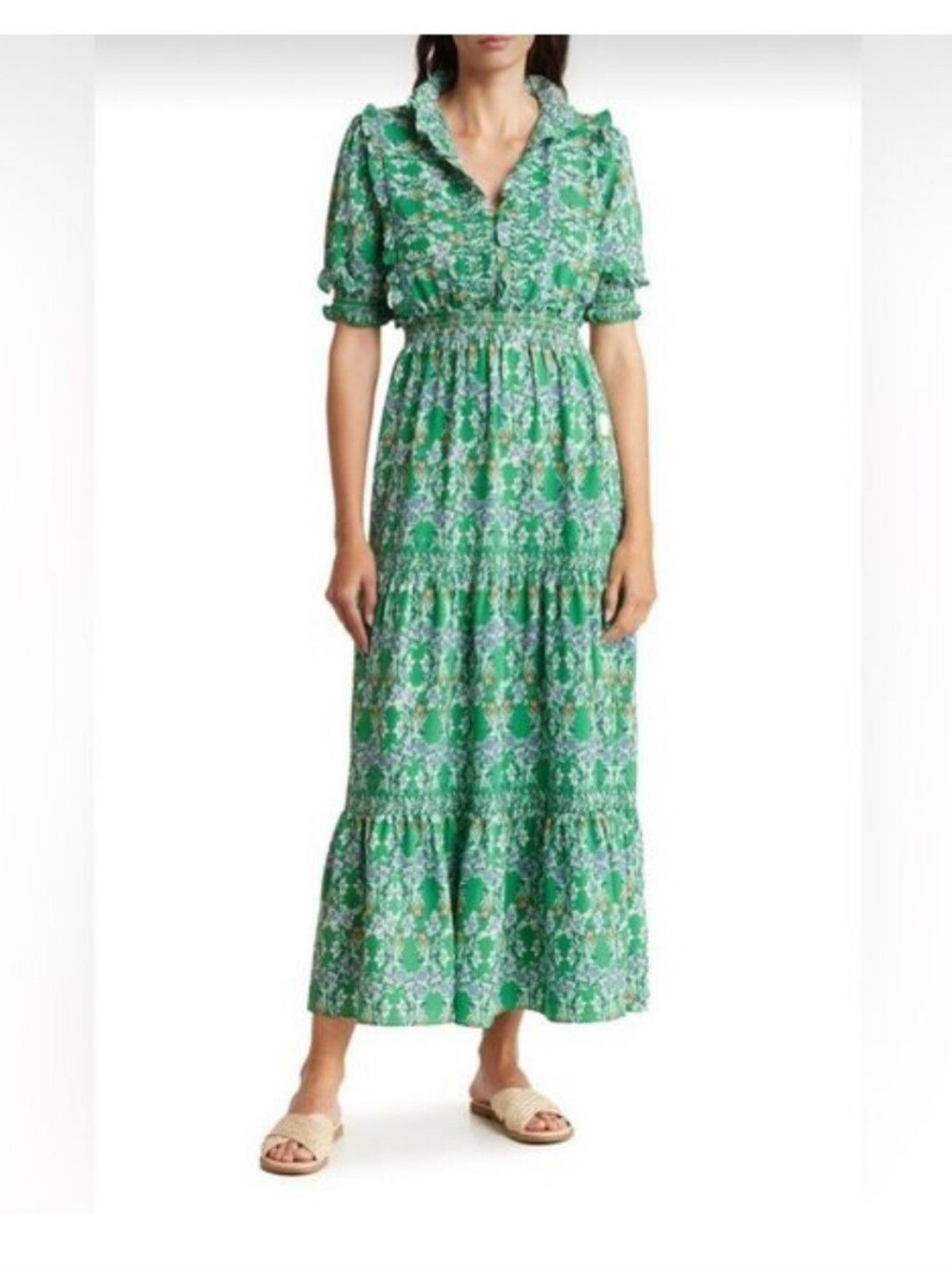 Max Studio Green Floral Ruffle Maxi Dress